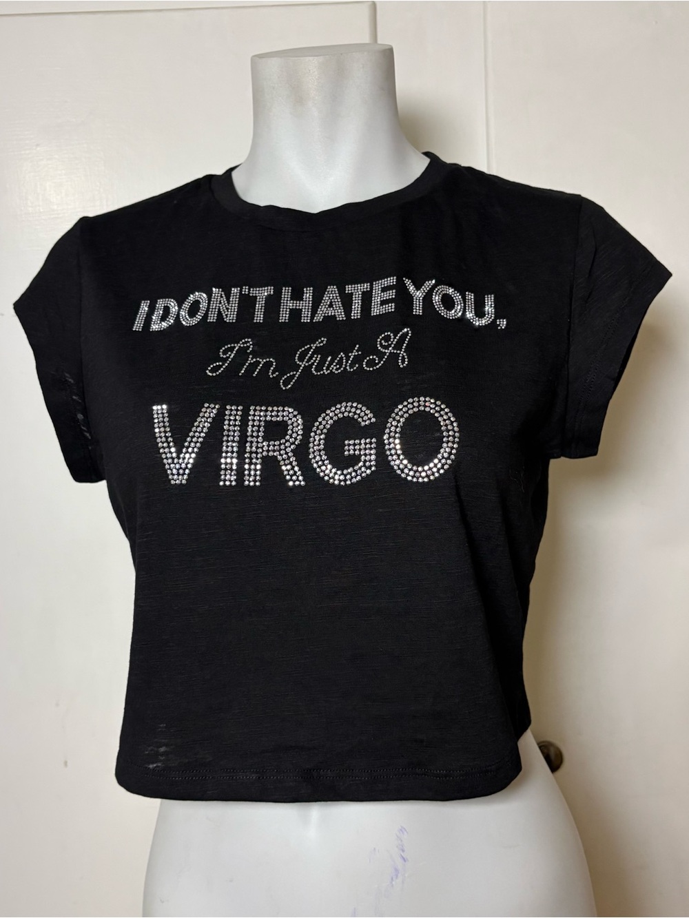 Finesse Black Rhinestone Virgo Zodiac Cropped T Shirt